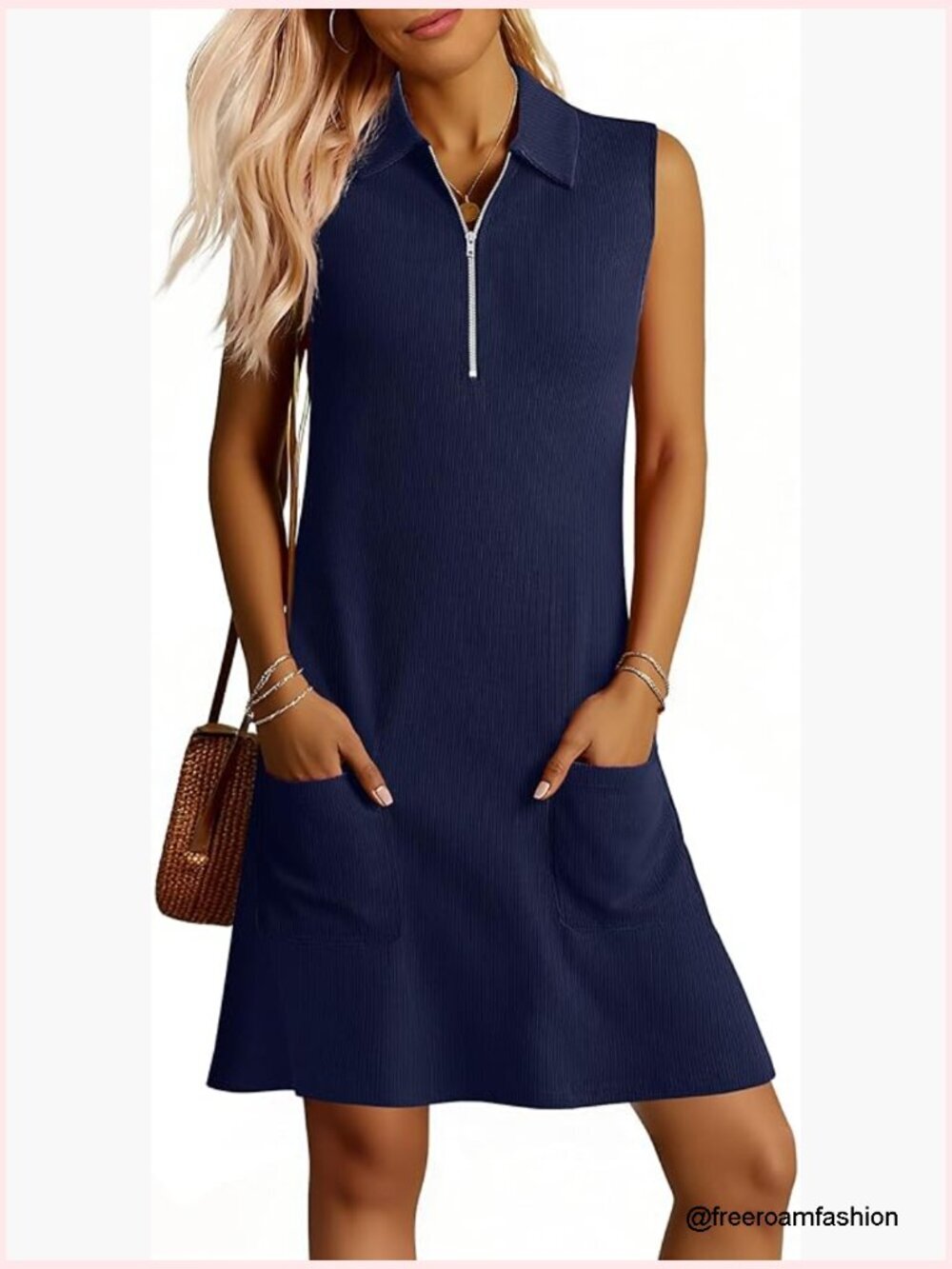 Sleeveless Ribbed Half Zip Polo Dress Summer Shift Mini